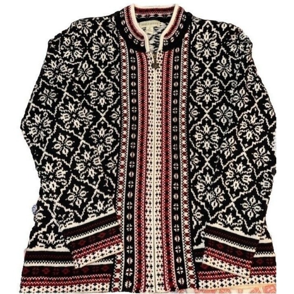 Appleseeds Womens Fair‎ Isle Full Zip Cardigan Sweater Black Red Nordic M A36054